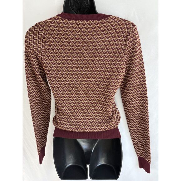 Zara Knit Jacquard V Neck Sweater Geometric Chevron Burgundy Gold S 70s Retro - Picture 3 of 10